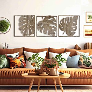 Ahşap Duvar Tablosu, 3 Parça Ahşap Modern Yaprak Duvar Dekoru, Geometrik Desen Duvar Paneli, Mostar 71x71 cm