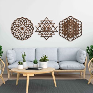 Ahşap Duvar Tablosu, 3 Parça Ahşap Modern Duvar Dekoru, Geometrik Desen Duvar Paneli, Ceviz 28x28 cm