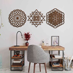 Ahşap Duvar Tablosu, 3 Parça Ahşap Modern Duvar Dekoru, Geometrik Desen Duvar Paneli, Ceviz 28x28 cm