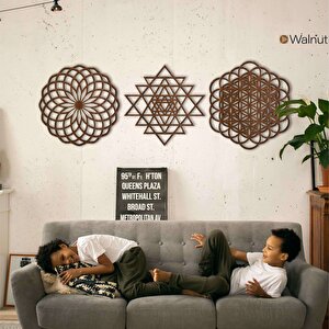 Ahşap Duvar Tablosu, 3 Parça Ahşap Modern Duvar Dekoru, Geometrik Desen Duvar Paneli, Ceviz 71x71 cm