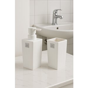 Minimalist Banyo Seti – Sıvı Sabunluk Ve Diş Fırçalık | Modern Kare Tasarım Dc-6778 Beyaz