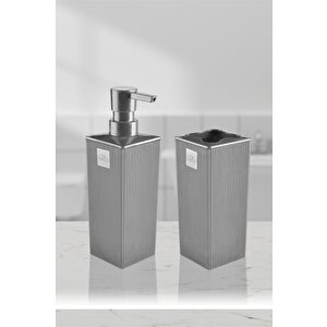 Minimalist Banyo Seti – Sıvı Sabunluk Ve Diş Fırçalık | Modern Kare Tasarım Dc-6778 Gri
