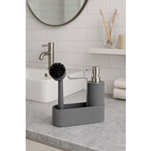 Mutfak Tezgahı Düzenleyici Set – Sıvı Sabunluk Ve Bulaşık Fırçası Aparatlı Dc-6776 Gri