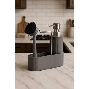 Mutfak Tezgahı Düzenleyici Set – Sıvı Sabunluk Ve Bulaşık Fırçası Aparatlı Dc-6776 Gri