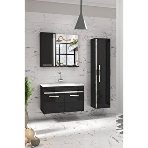 Gold Siyah Gri (80+35) 115 Cm Mdf-boy Dolaplı Lavabolu Banyo Dolabı Seti