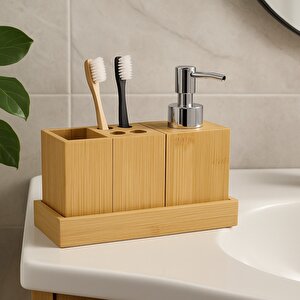 Doğal Bambu 3’lü Banyo Seti – Sıvı Sabunluk, Diş Fırçalık Ve Organizer Stand Br-6710