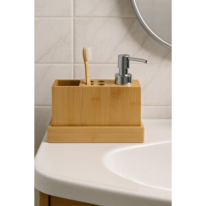 Doğal Bambu 3’lü Banyo Seti – Sıvı Sabunluk, Diş Fırçalık Ve Organizer Stand Br-6710