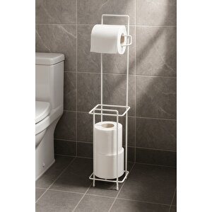 Beyaz Ayaklı Kare Tuvalet Kağıtlığı, Yedek Rulo Hazneli, Paslanmaya Dayanıklı Wc Kağıtlık, 13cm X 65cm- Raf : 404  - ( A - B )