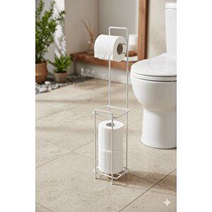 Beyaz Ayaklı Kare Tuvalet Kağıtlığı, Yedek Rulo Hazneli, Paslanmaya Dayanıklı Wc Kağıtlık, 13cm X 65cm- Raf : 404  - ( A - B )