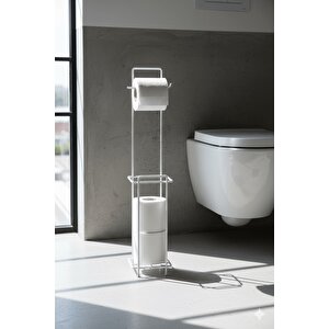 Beyaz Ayaklı Kare Tuvalet Kağıtlığı, Yedek Rulo Hazneli, Paslanmaya Dayanıklı Wc Kağıtlık, 13cm X 65cm- Raf : 404  - ( A - B )