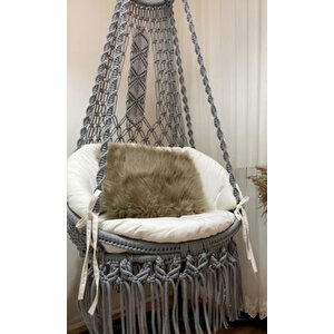 Tek Kişilik Makrome El Örgüsü Salıncak (Açık Gri̇) Mi̇nder Ve Askı Demi̇ri̇ ile Mi̇s38002grima