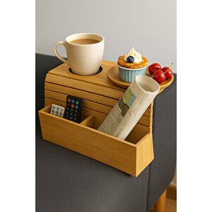 Doğal Bambu Kol Dayama Tepsisi – Bardaklıklı Ve Organizer Gözlü Kanepe Yan Sehpa Br-6717