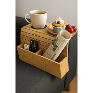 Doğal Bambu Kol Dayama Tepsisi – Bardaklıklı Ve Organizer Gözlü Kanepe Yan Sehpa Br-6717