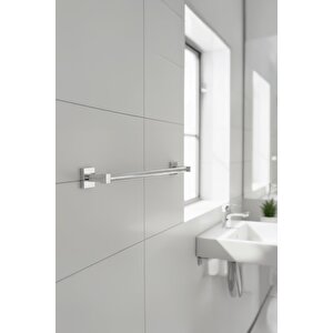 Krom Yapışkanlı Uzun Havluluk – Kare Topuzlu Metal Banyo Havlu Askısı, Dayanıklı & Şık