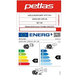 205/45 R16 Tl 87w Reinf. Velox Sport Pt741 Yaz Lastiği (üretim Tarihi:2025)