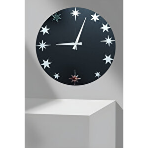 Kutup Yıldızı Temalı 40 Cm Ahşap Mdf Üzeri Gümüş Renk Aynalı Pleksi Dekor Duvar Saati