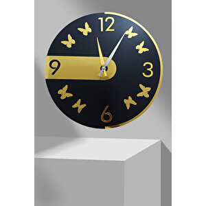 Gold Aynalı Pleksi Kelebek Model Ahşap Mdf Üzerine Dekor 40 Cm Sessiz Akar Saat Mekanizmalı  Duvar Saati