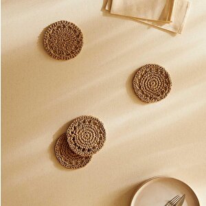 4'lü Bej Renk Motifli Rafya Bardak Altlığı Ø 11 Cm