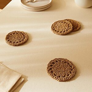 4'lü Bej Renk Motifli Rafya Bardak Altlığı Ø 11 Cm