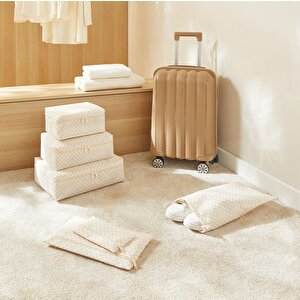 6'lı Yıkanabilir Bej Dama Desen Pamuklu Bavul İçi Düzenleyici Set