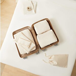 6'lı Yıkanabilir Bej Dama Desen Pamuklu Bavul İçi Düzenleyici Set