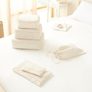 6'lı Yıkanabilir Bej Dama Desen Pamuklu Bavul İçi Düzenleyici Set