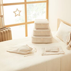 Ocean Home Textile 6'lı Yıkanabilir Bej Dama Desen Pamuklu Bavul İçi Düzenleyici Set