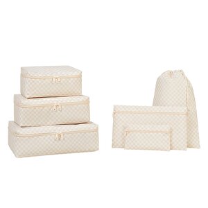 Ocean Home Textile 6'lı Yıkanabilir Bej Dama Desen Pamuklu Bavul İçi Düzenleyici Set