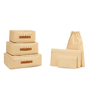 Ocean Home Textile 6'lı Jüt Keten Kumaş Bavul İçi Düzenleyici Set