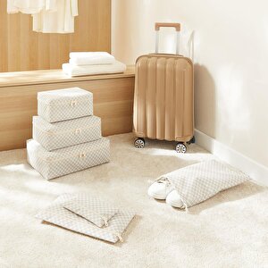 6'lı Gri Dama Desen Pamuklu Bavul İçi Düzenleyici Set