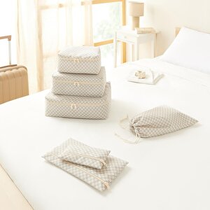 6'lı Gri Dama Desen Pamuklu Bavul İçi Düzenleyici Set