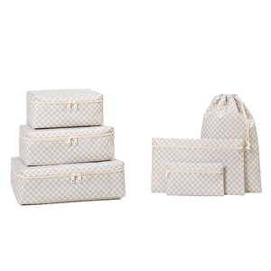 Ocean Home Textile 6'lı Gri Dama Desen Pamuklu Bavul İçi Düzenleyici Set