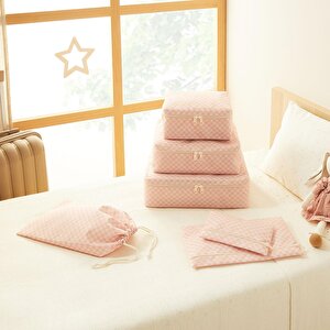 6'lı Pembe Dama Desen Pamuklu Bavul İçi Düzenleyici Set