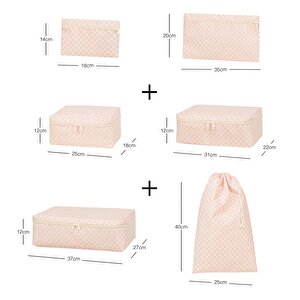 Ocean Home Textile 6'lı Pembe Dama Desen Pamuklu Bavul İçi Düzenleyici Set