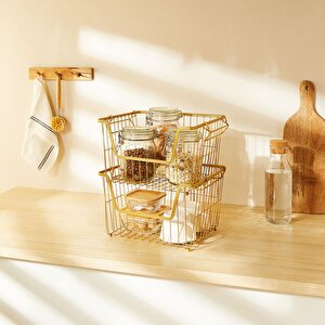 Ocean Home Textile 2'li Altın Renk Metal Sepet Set 33 X 27 X 20 Cm