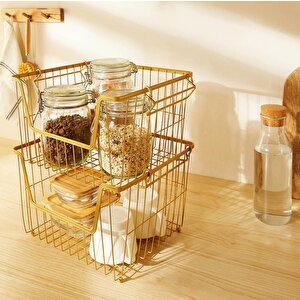 Ocean Home Textile 2'li Altın Renk Metal Sepet Set 33 X 27 X 20 Cm