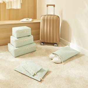 6'lı Mint Dama Desen Pamuklu Bavul İçi Düzenleyici Set