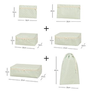 Ocean Home Textile 6'lı Mint Dama Desen Pamuklu Bavul İçi Düzenleyici Set