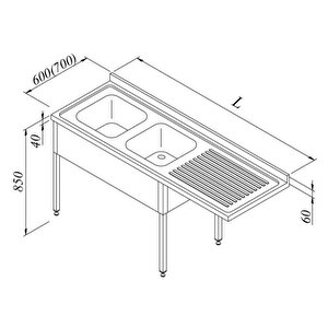 Bulaşık Makinası Üstü Evyeli Tezgah 2 G/1d Sağ Demonte 180x70 Cm
