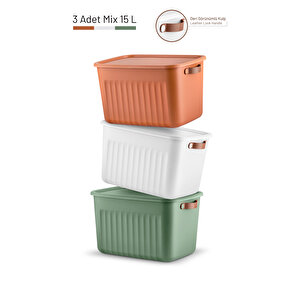3 Lü 3 Renkli 15 Lt Çok Amaçlı Kapaklı Organizer Saklama Kabı Kutu Mit1266