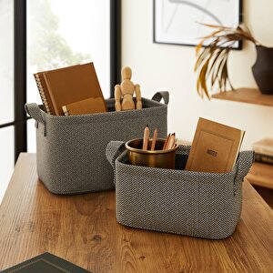 2'li Antrasit Renk Dokulu Kumaş Sepet Set 24 X 17 X 12 / 30 X 21 X 18 Cm