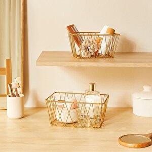 Ocean Home Textile 2'li Altın Renk Metal Sepet Set 25 X 18.5 X 10.5 / 20.5 X 15.5 X 10 Cm