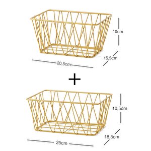 Ocean Home Textile 2'li Altın Renk Metal Sepet Set 25 X 18.5 X 10.5 / 20.5 X 15.5 X 10 Cm