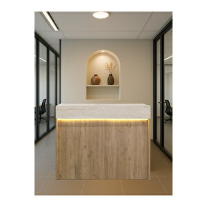 Wilko Çekmeceli Led Işıklı Karşılama Bankosu 110cm Sepet Traverten Kasa Resepsiyon Masası Ofis Banko