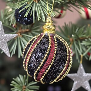Lüks Yılbaşı Topu 8cm Altın Boncuk Şeritli Işıltılı Payetli Siyah - Bordo Çam Ağacı Süsü 3lü