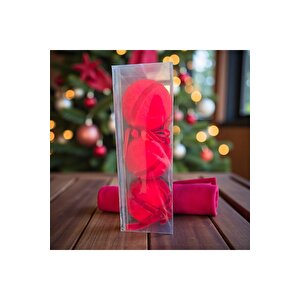 Yılbaşı Topu 8cm Kadife 3lü Fiyonklu Kırmızı Ast7261