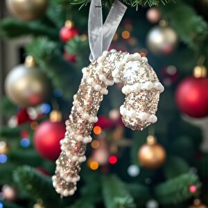 Yılbaşı Baston Şeker inci Şeritli 17cm Ast7243 Altın