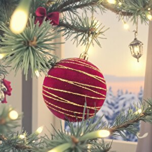 Yılbaşı Topu 8cm Kadife Çizgili Altın Simli Çam Ağacı Süsü 3lü Bordo Ast7447 Bordo