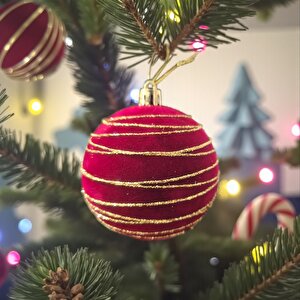 Yılbaşı Topu 8cm Kadife Çizgili Altın Simli Çam Ağacı Süsü 3lü Bordo Ast7447 Bordo