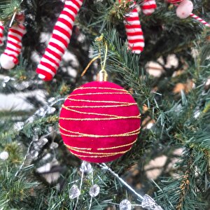 Yılbaşı Topu 8cm Kadife Çizgili Altın Simli Çam Ağacı Süsü 3lü Bordo Ast7447